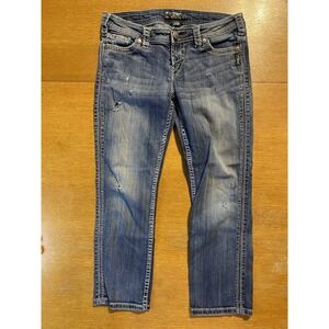 Silver Jeans Womens Twisted Capri 28 (30x24)‎ Blue Denim Distressed Right Leg